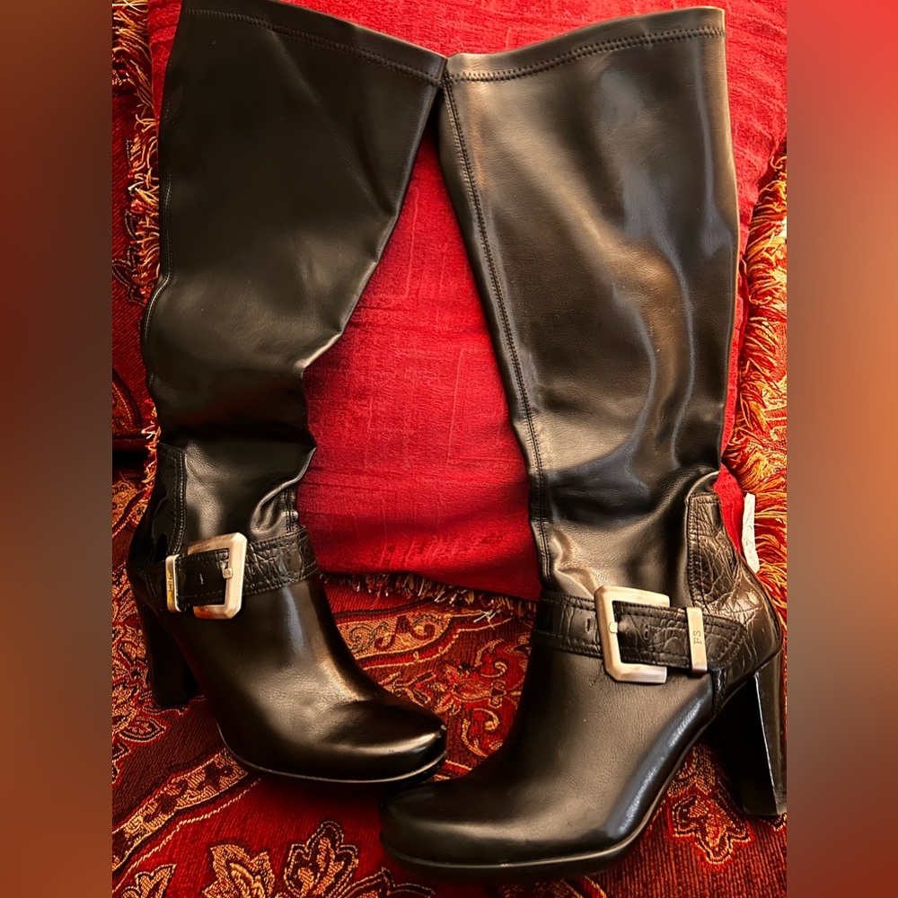 Franco Sarto black calf high boots with buckle and 3.5 inch heel.
